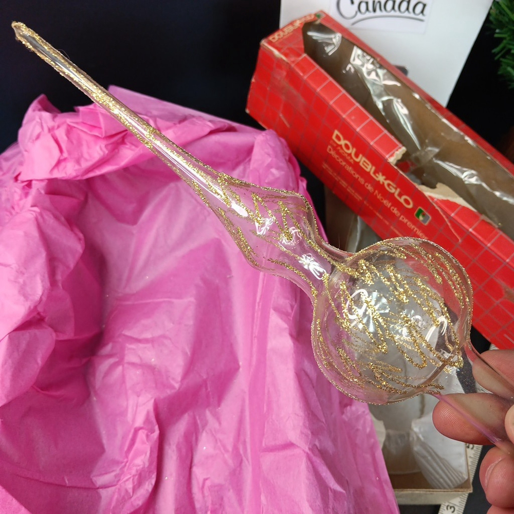 Vintage Large 12" Unsilvered Glass Tree Topper Clear. Doubl Glo Gold Glitter WOW